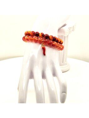 Orange Chili Pepper Bracelet Stack, Red Beaded Bracelet Set, Color Pop Jewelry,